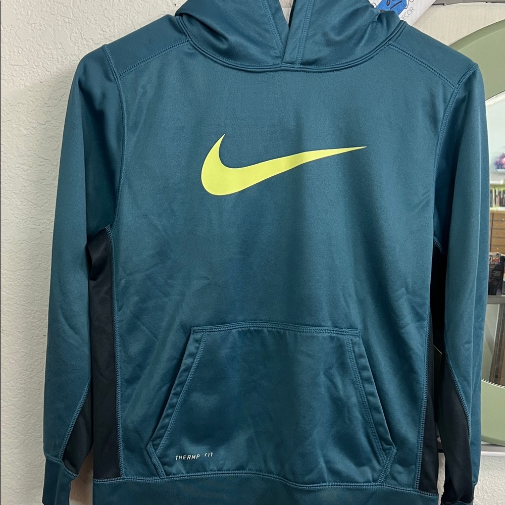 Nike Kids' Dark Teal Hoodie with Yellow Logo